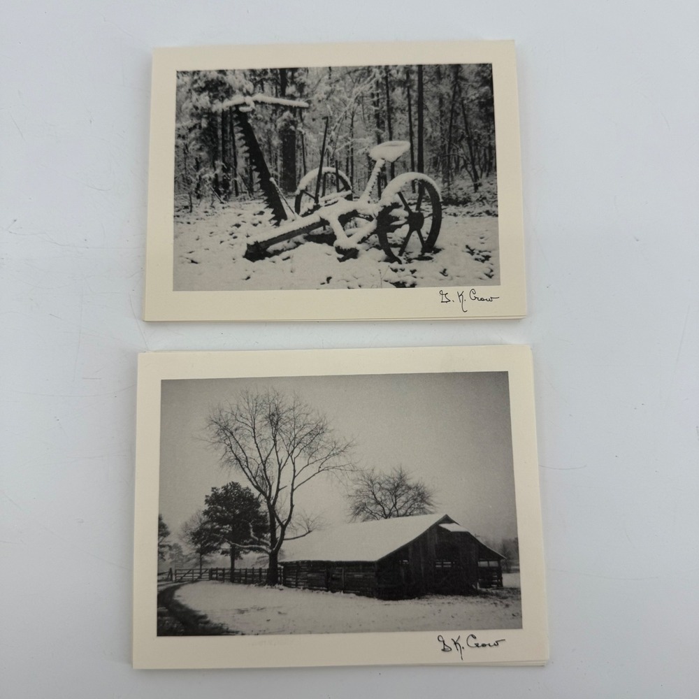 B.K. Crow Winter Landscape Blank Note Cards Set of 8 Rustic Barn Farm Snow B&W